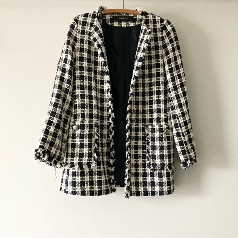 Zara tweed frayed checkered overcoat‎ size M